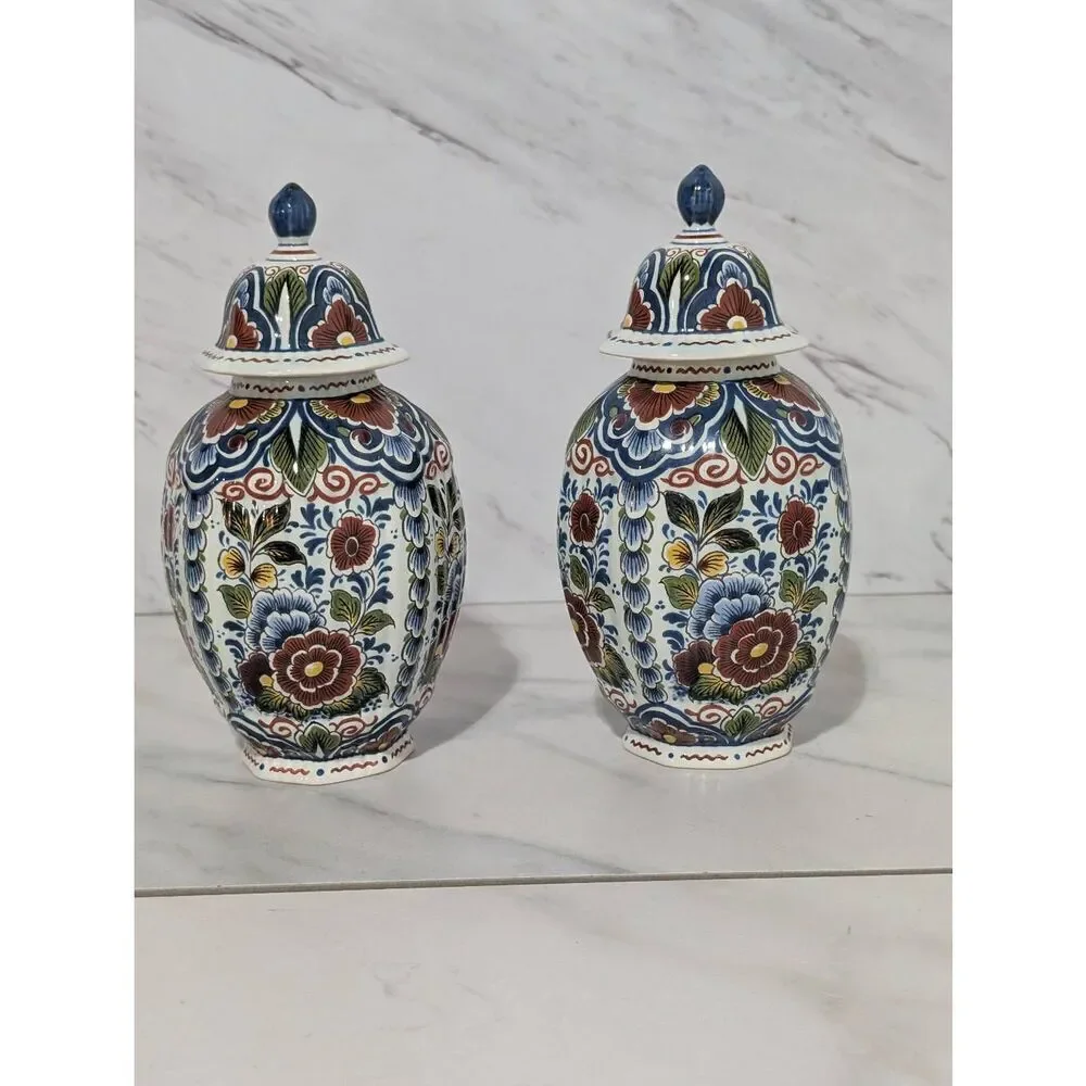 OUD Delft Made In Holland Matching Pair Signed Porcelain Hand Painted Jars